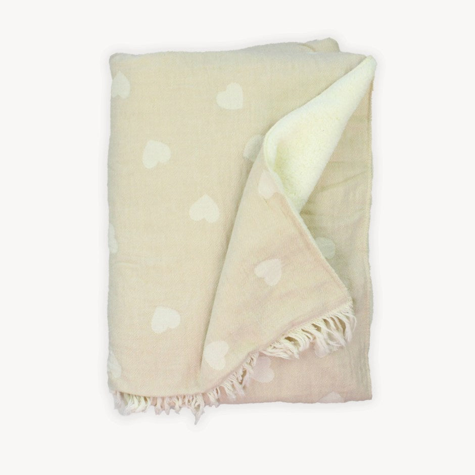 Crinkle Fleece Lined Throw - Beige Heart