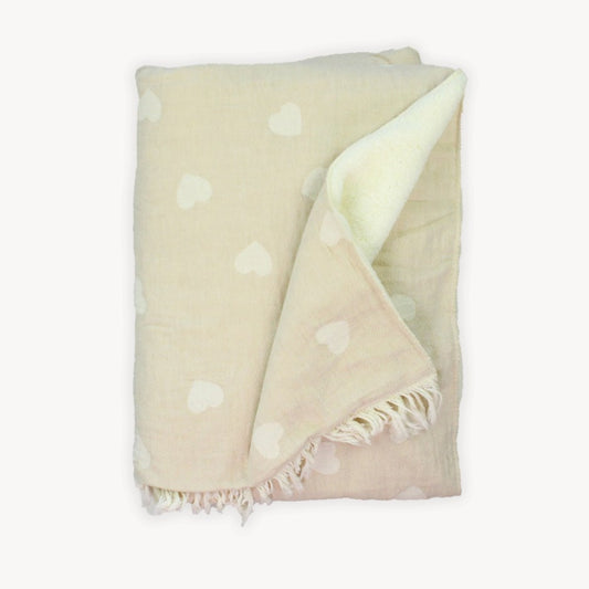 Crinkle Fleece Lined Throw - Beige Heart